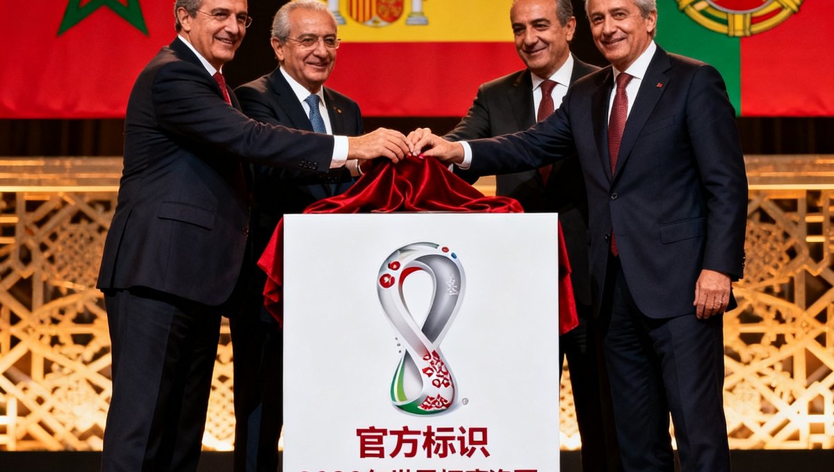 2030年世界杯摩洛哥、西班牙、葡萄牙联合申办LOGO发布仪式，三国足协主席共同揭幕融合了三地文化元素的官方标识