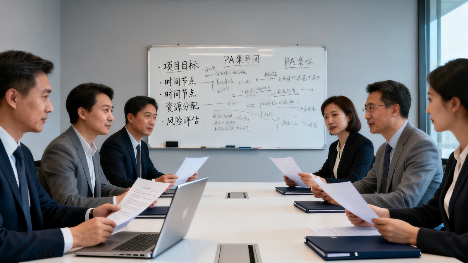 六位PA集团资深顾问在现代化会议室中围绕方案展开深入讨论，白板上写满项目规划要点