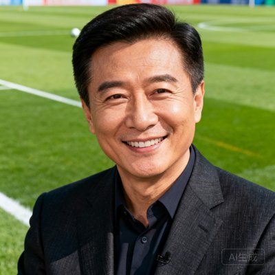 资深体育评论员刘建宏的半身肖像照，他穿着深色西装，面带微笑，背景为足球场绿茵