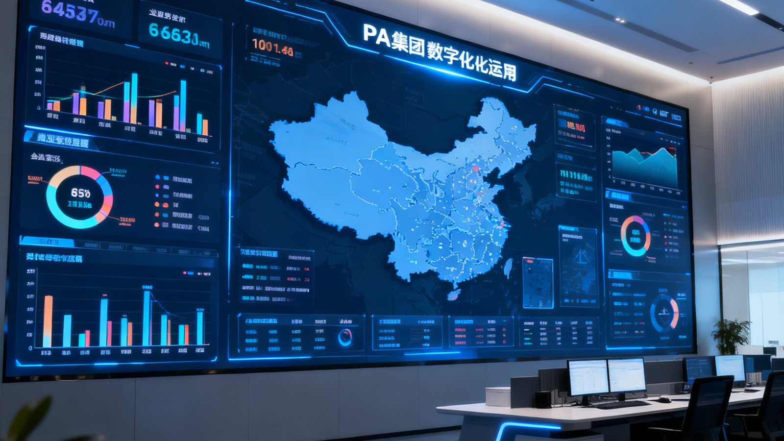 PA集团数字化运营中心内墙上巨大的实时数据监控屏幕显示着各项业务指标与地图分布